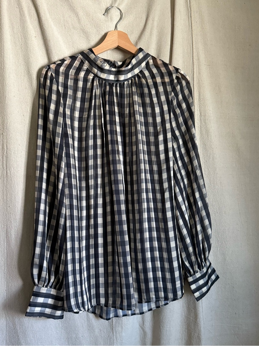 H&M Dark Navy and White Gingham High-Neck Blouse